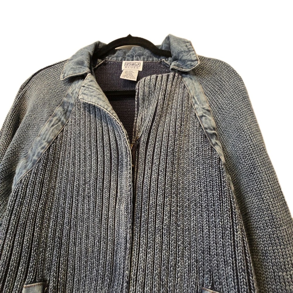 Vintage 90s Y2k PBJ Blues Zip Sweater Cardigan Womens LG Denim Blue Ramie Cotton